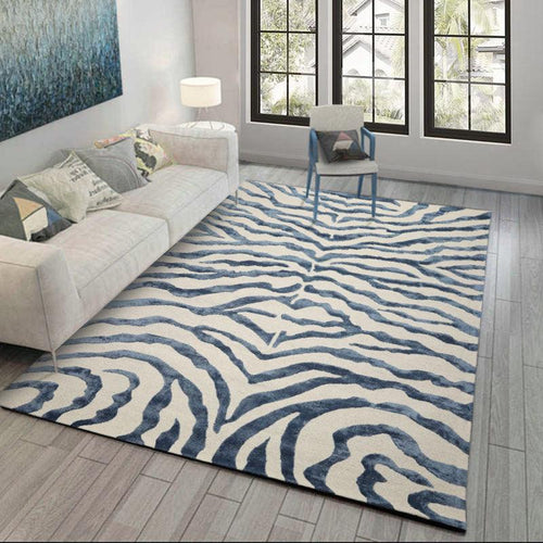 Multi Sizes Handmade Wool & Faux Silk Animal Print Zebra Area Rug Ivory Blue - Oriental Rug Of Houston