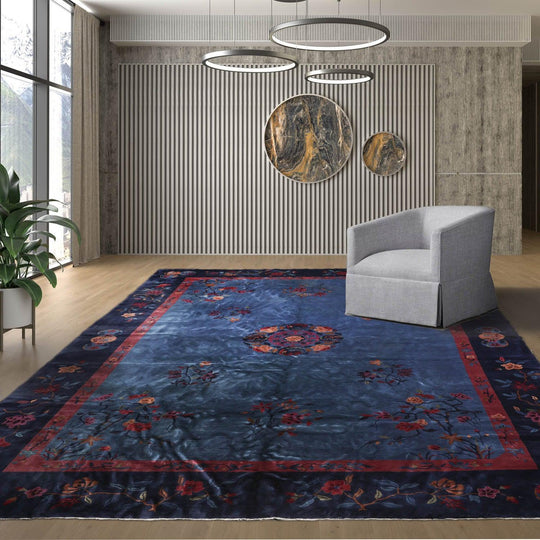 10'x13'6" Antique Art Deco Plush Pile Hand Knotted Wool Oriental Area Rug Navy