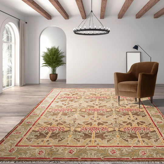 Multi Sizes Brown, Green Hand Knotted Muted Turkish Oushak William Morris Tulip & Lilly 100% Wool Arts and Craft Traditional Oriental Area Rug