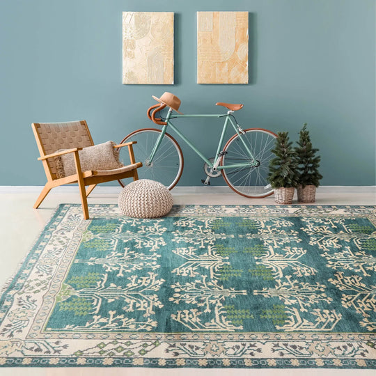 8'x10' Hand Knotted Muted Turkish Oushak 100% Wool Arts and Craft Traditional Oriental Area Rug Teal, Beige Color