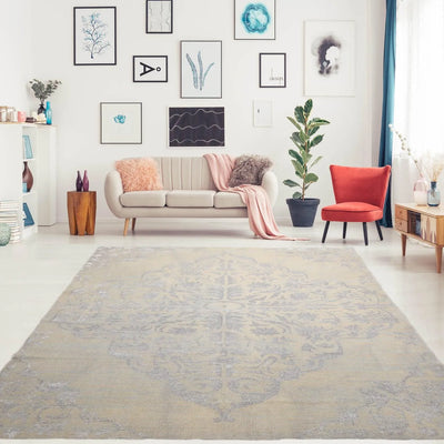 8' x 1'0 Hand Knotted Wool and Viscose Jaipur Medallion Oushak Transitional Oriental Area Rug Gray Beige, Taupe Color - Oriental Rug Of Houston