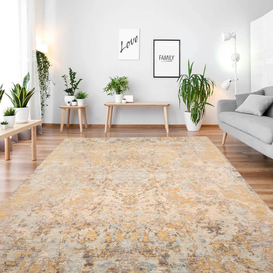 9x12 Hand Knotted Tibetan Wool and Silk Abstract Traditional Oriental Area Rug Gold, Beige Color