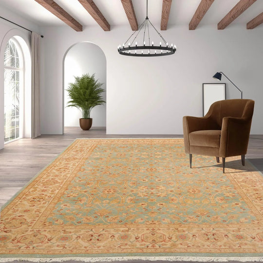 6' 1''x8' Hand Knotted 100% Wool Agra Traditional 250 KPSI Oriental Area Rug Aqua, Beige Color