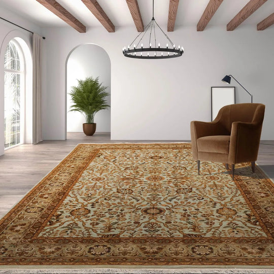 6' x 9' 1'' Hand Knotted 100% Wool Agra Traditional 250 KPSI Oriental Area Rug Aqua, Champagne Color