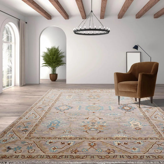 9x12 Hand Knotted Oushak 100% Wool Oushak Transitional Oriental Area Rug Taupe, Beige Color