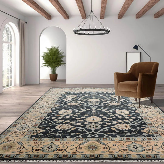 9'x12' Hand Knotted Oushak 100% Wool Transitional Oriental Area Rug Grayish Blue, Faded Peach Color