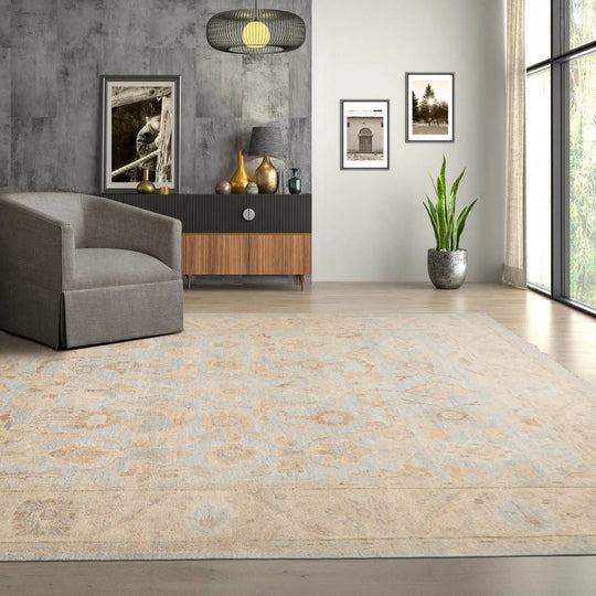 9'x12' Hand Knotted Oushak 100% Wool Transitional Oriental Area Rug Pale Blue, Tan Color