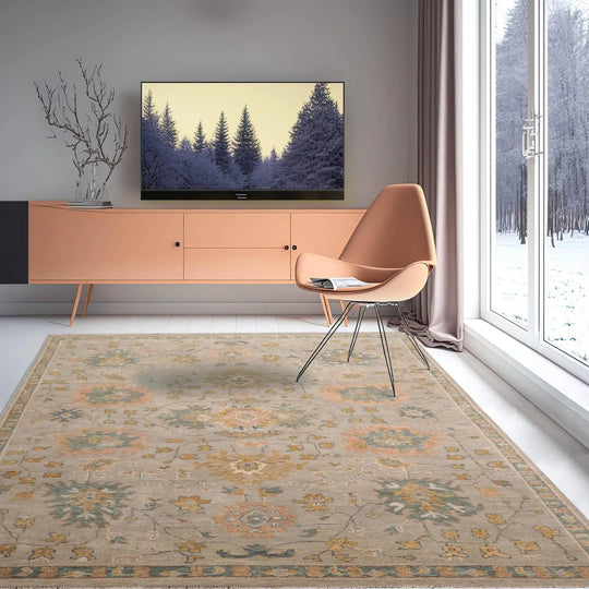 7' 10''x9' 10'' Hand Knotted Muted Turkish Oushak 100% Wool Traditional Oriental Area Rug Taupe, Peach Color