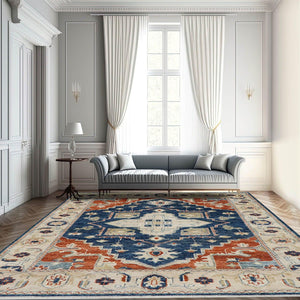 7' 11''x9' 11''Hand Knotted LoomBloom Muted Turkish Oushak 100% Wool Transitional Oriental Area Rug Navy, Burnt Orange Color - Oriental Rug Of Houston
