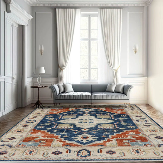 7' 11''x9' 11''Hand Knotted LoomBloom Muted Turkish Oushak 100% Wool Transitional Oriental Area Rug Navy, Burnt Orange Color