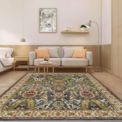 8' 2''x10' 2'' Hand Knotted LoomBloom Muted Turkish Oushak 100% Wool Transitional Oriental Area Rug Grayish Blue, Lime Color - Oriental Rug Of Houston
