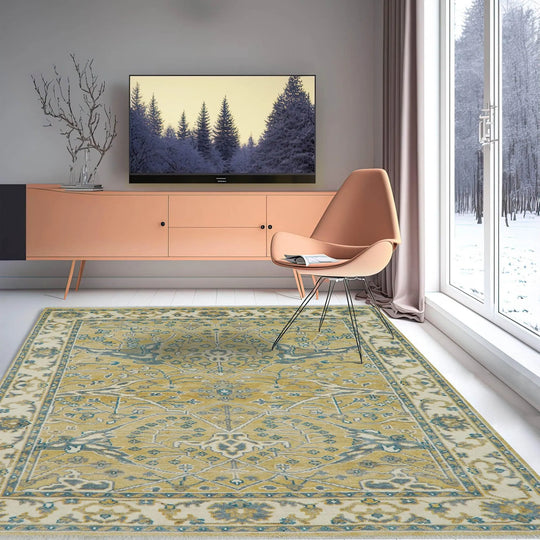 8'x9'11'' Mustard, Ivory Hand Knotted LoomBloom Muted Turkish Oushak  100% Wool Transitional Oriental Area Rug