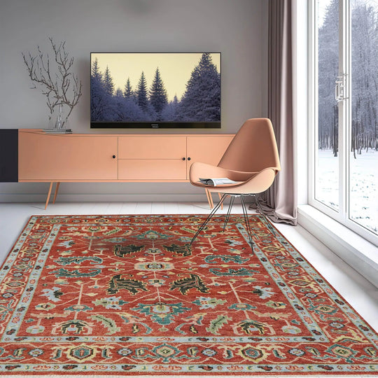 8x10 Rust, Blue Hand Knotted LoomBloom Muted Turkish Oushak 100% Wool Transitional Oriental Area Rug