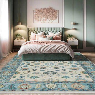 7'9''x9'11'' Beige, Aqua Hand Knotted LoomBloom Muted Turkish Oushak 100% Wool Transitional Oriental Area Rug - Oriental Rug Of Houston