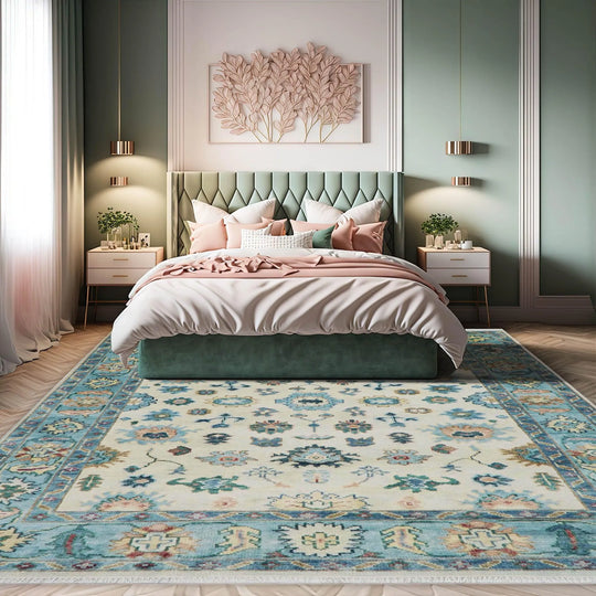 7'9''x9'11'' Beige, Aqua Hand Knotted LoomBloom Muted Turkish Oushak  100% Wool Transitional Oriental Area Rug