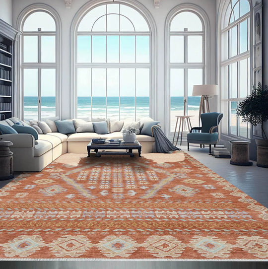 8'1''x10' Teracotta, Aqua Hand Knotted LoomBloom Muted Turkish Oushak  100% Wool Transitional Oriental Area Rug