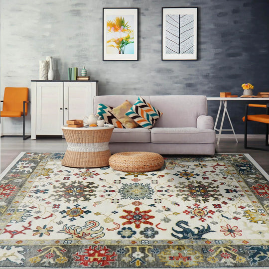 8'x9'11'' Hand Knotted LoomBloom Muted Turkish Oushak 100% Wool Arts & Crafts Oriental Area Rug Ivory, Gray Color