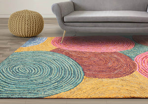 5' 4''x7' 6'' Pink Gold aqua, Blue, Brown, Multi Color Hand Tufted Chindi 100% Cotton Modern & Contemporary Oriental Rug