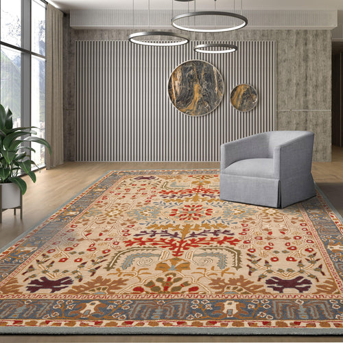 5' 9''x5' 9'' Beige Blue Brown Color Hand Tufted Hand Made 100% Wool Transitional Oriental Rug