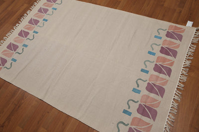 4' x 6' Handmade 100% wool Printed Dhurry area rug 4x6 Beige - Oriental Rug Of Houston