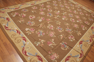 9' x 12' Hand woven Wool French Aubusson Needlepoint Area rug Brown - Oriental Rug Of Houston