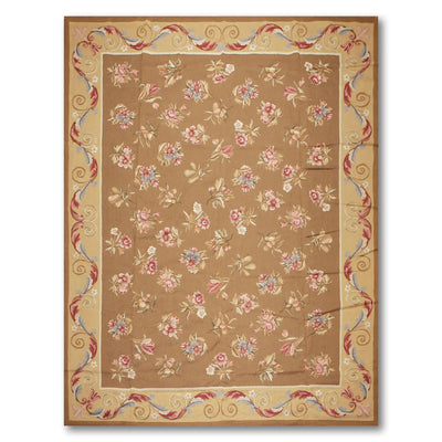 9' x 12' Hand woven Wool French Aubusson Needlepoint Area rug Brown - Oriental Rug Of Houston
