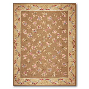 9'x12' Brown Gold Rose, Pink, Blue, Multi Color Hand-Woven Asmara Needlepoint Aubusson Wool Traditional Oriental Rug