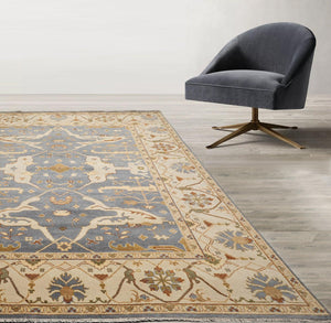 Muted Turkish Oushak Hand Knotted Wool Area Rug Blue 9’1" x 11’10” - Oriental Rug Of Houston