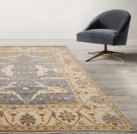 Muted Turkish Oushak Hand Knotted Wool Area Rug Blue 9’1" x 11’10”
