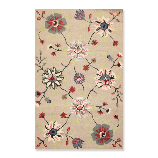 5' x 8' Handmade Wool Loop Pile Floral Traditional Oriental Area Rug Taupe