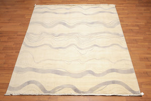 8x10 Ivory Hand Knotted Modern Sand Bars Abstract 100% Wool Pile Area Rug