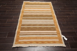 3'10" x 5'10" Hand Knotted Wool High Low Pile Area Rug Beige - Oriental Rug Of Houston
