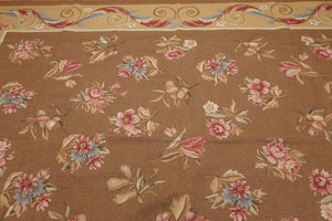 9' x 12' Hand woven Wool French Aubusson Needlepoint Area rug Brown