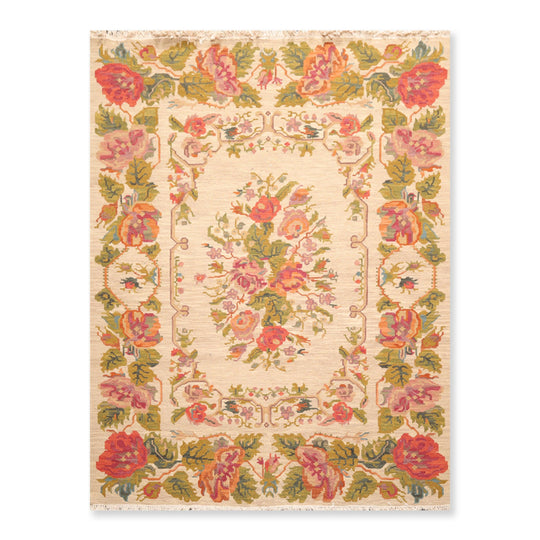 5'6" x 7'6" Hand Knotted Wool Reversible Floral Area Rug Beige